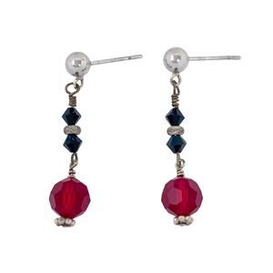 Vintage Sterling Silver 925 Red Crystal Bead Drop Earrings